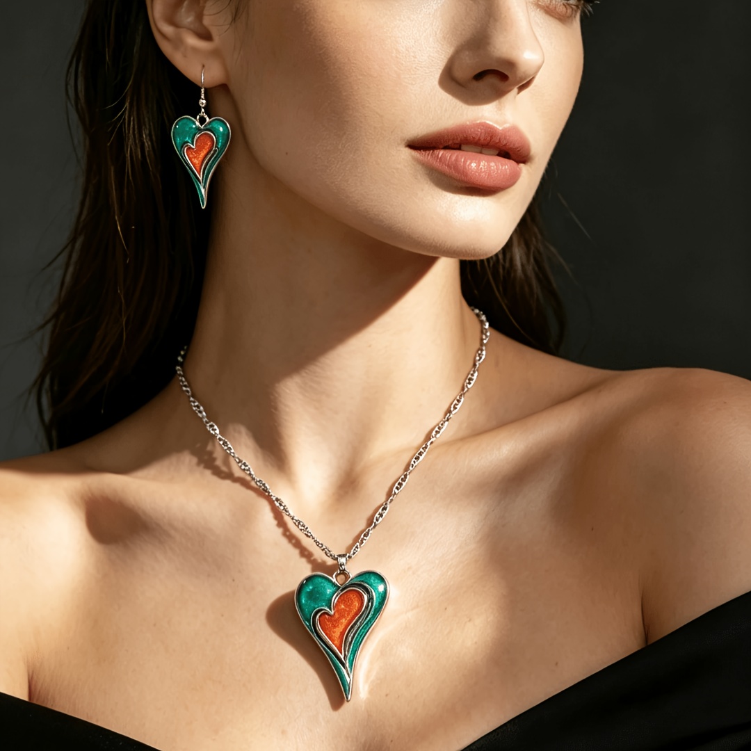 3pc Bohemian Y2K French Layered Heart Necklace & Earrings Set
